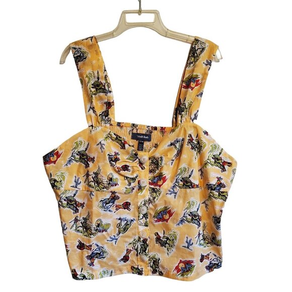 Modcloth Cropped Yellow Western Scene Sleeveless Blouse - Picture 1 of 15